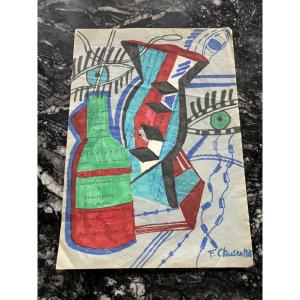 Gouache sur papier signée Franciska Clausen, 1926 – Composition cubiste aux visages et formes g