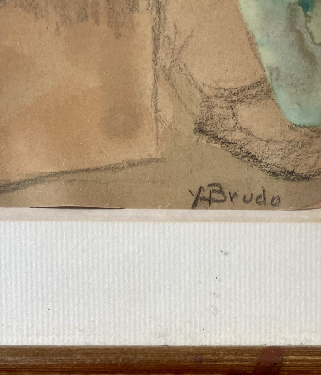 Yvonne BRUDO (XXe) - Enfant assis avec panier de fleurs - aquarelle -photo-2