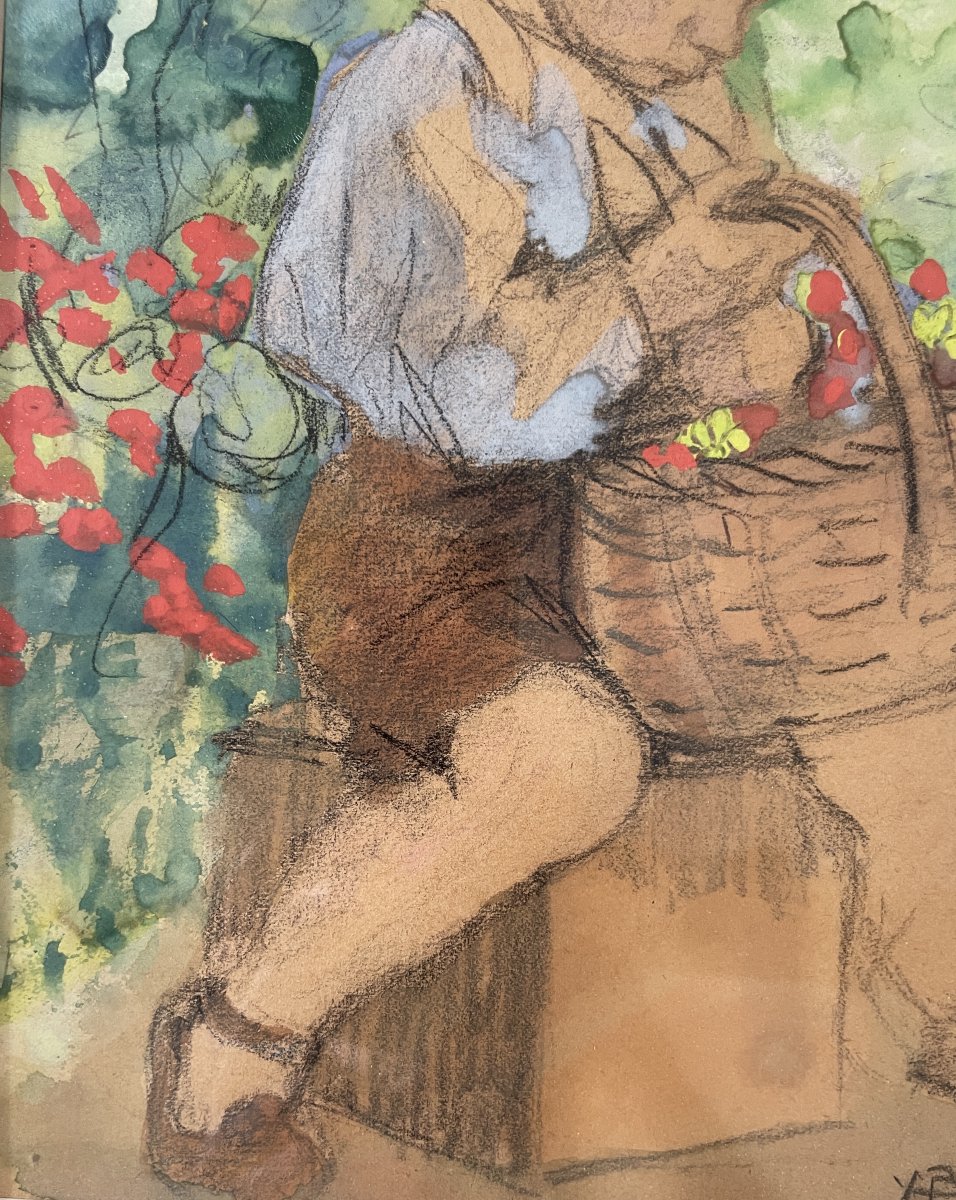 Yvonne BRUDO (XXe) - Enfant assis avec panier de fleurs - aquarelle -photo-3