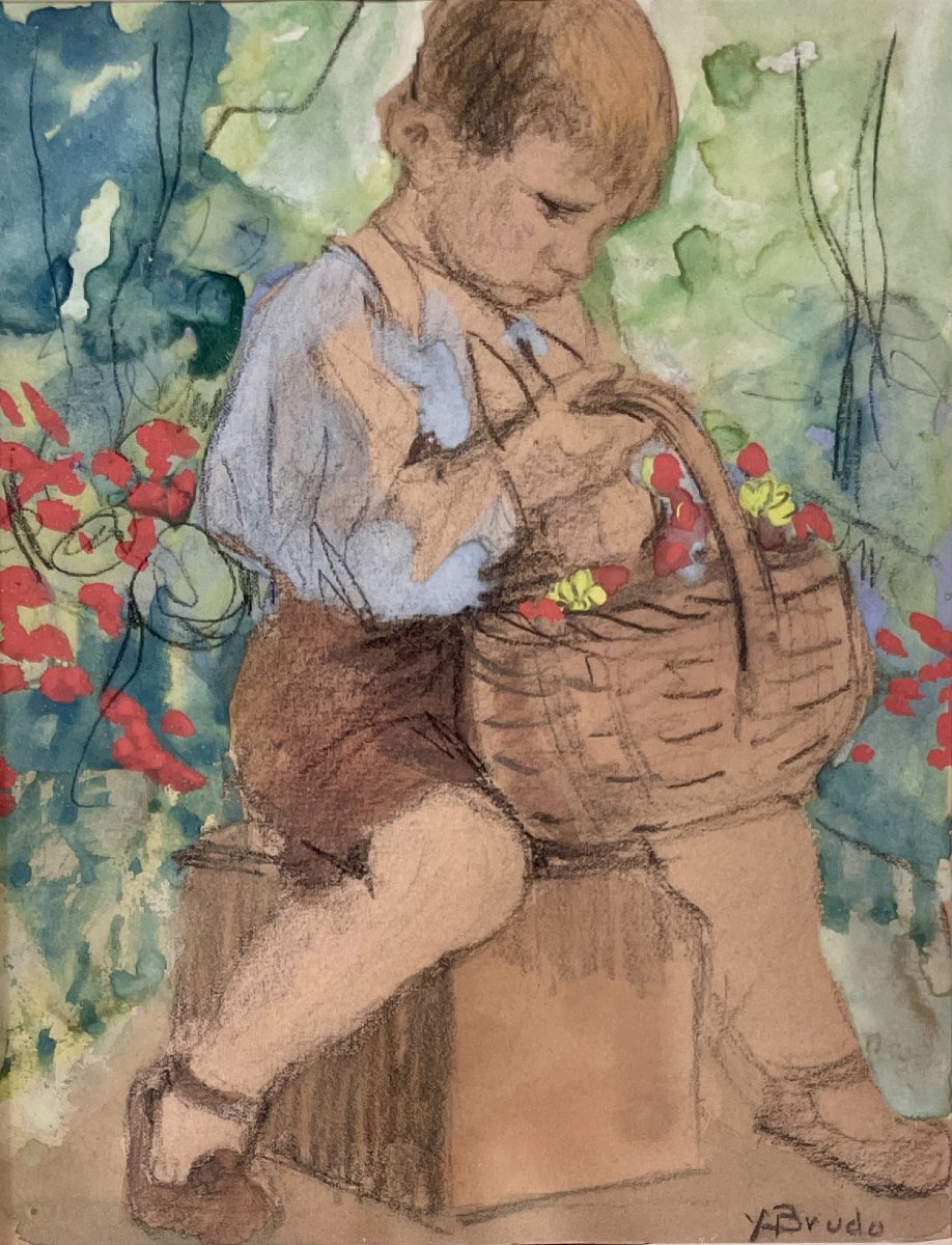 Yvonne BRUDO (XXe) - Enfant assis avec panier de fleurs - aquarelle -photo-4