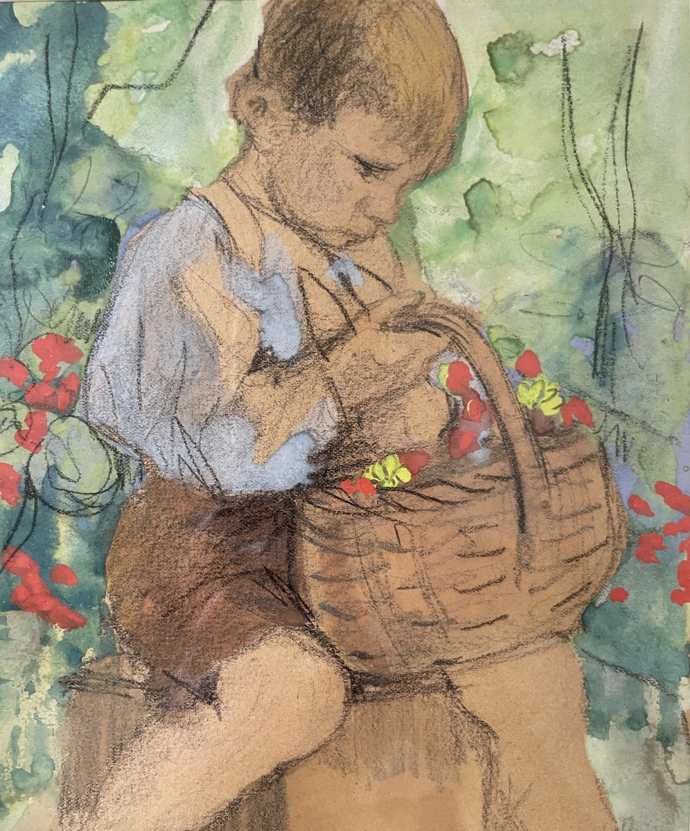 Yvonne BRUDO (XXe) - Enfant assis avec panier de fleurs - aquarelle -photo-1