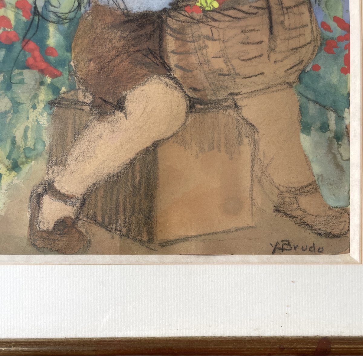 Yvonne BRUDO (XXe) - Enfant assis avec panier de fleurs - aquarelle -photo-2