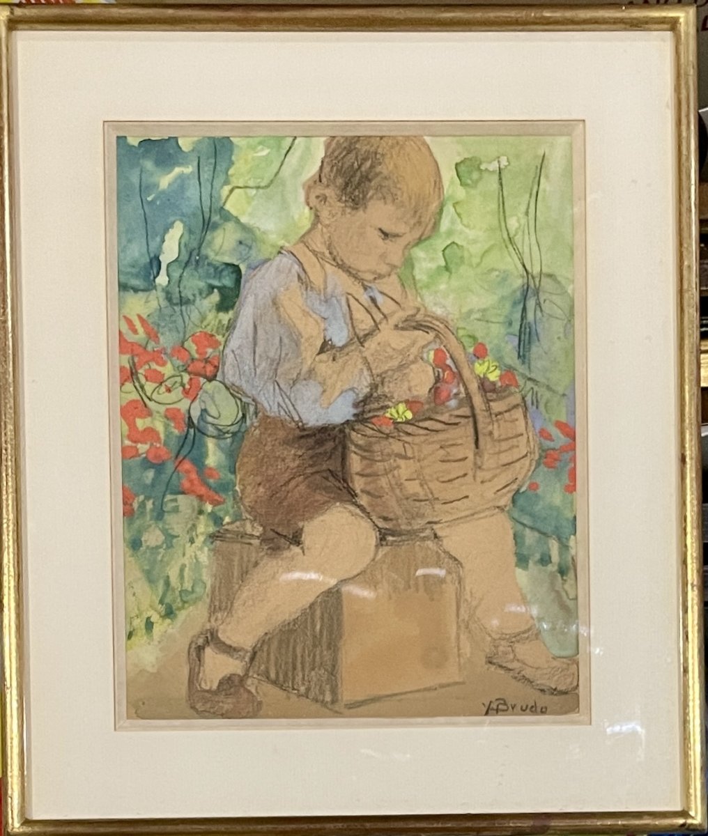 Yvonne Brudo (20th) - Child Seated With A Basket Of Flowers - Watercolor 