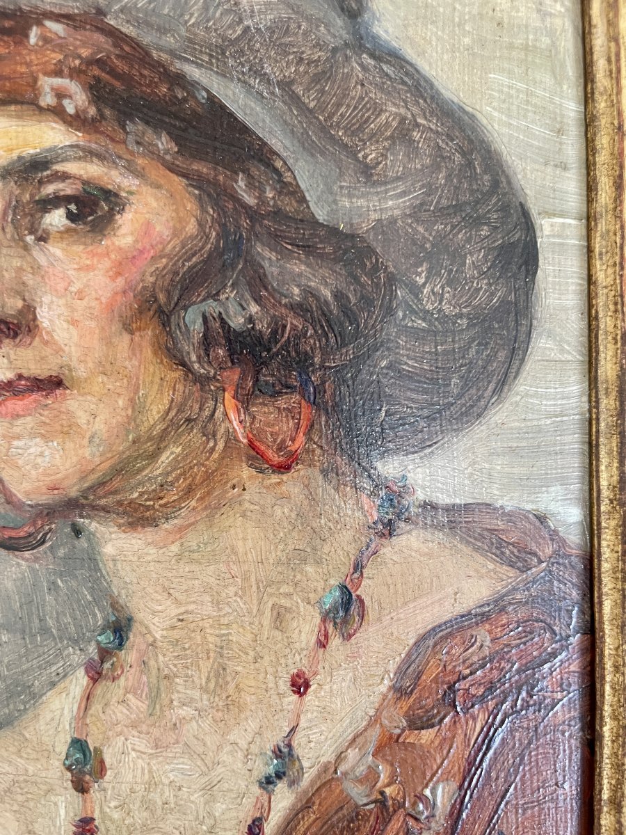 Léonie HUMBERT-VIGNOT (1878-1960) - Portrait de femme au chapeau - Huile sur panneau-photo-3