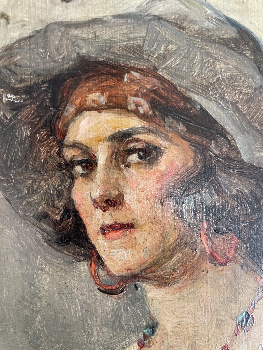 Léonie HUMBERT-VIGNOT (1878-1960) - Portrait de femme au chapeau - Huile sur panneau-photo-4