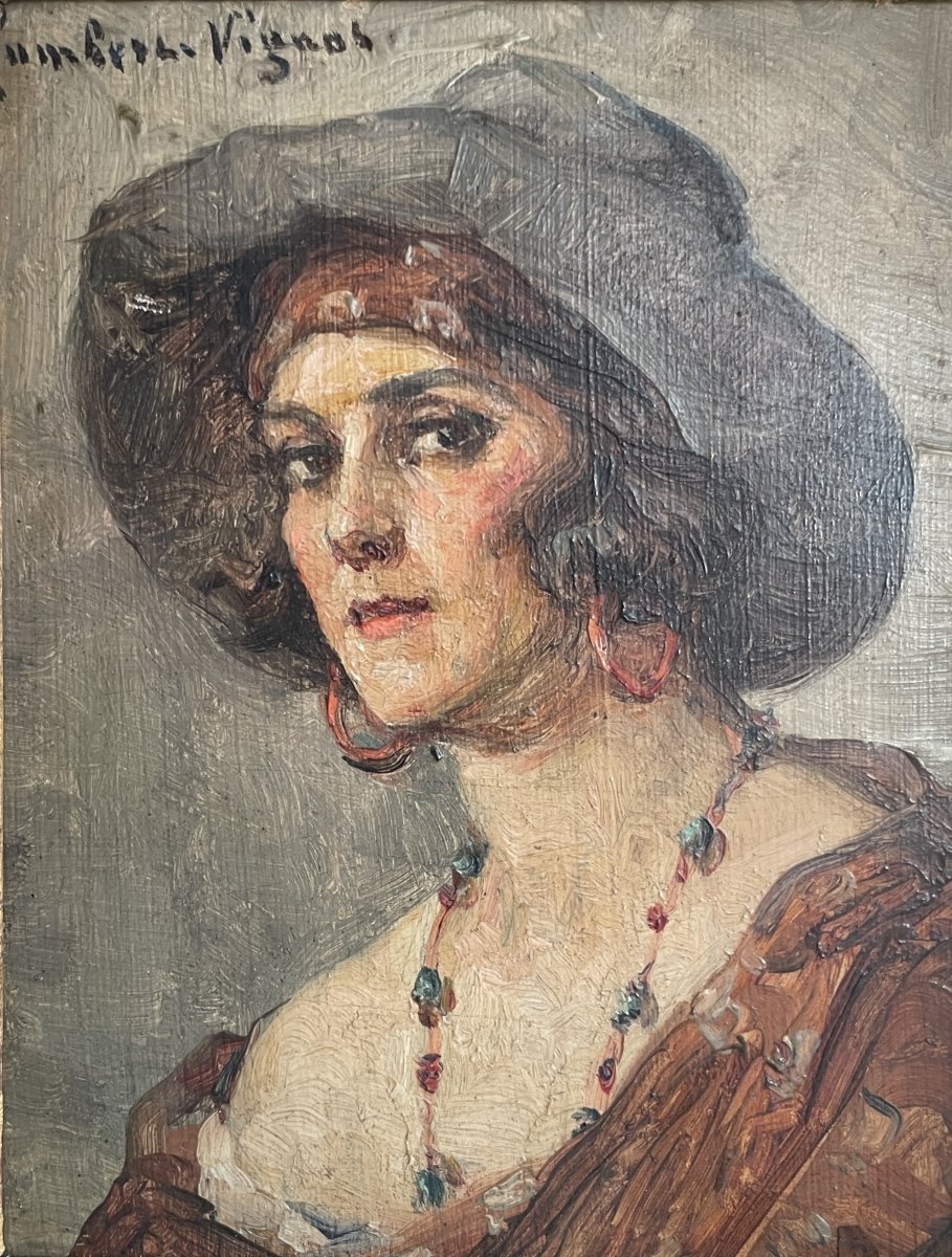 Léonie HUMBERT-VIGNOT (1878-1960) - Portrait de femme au chapeau - Huile sur panneau-photo-1