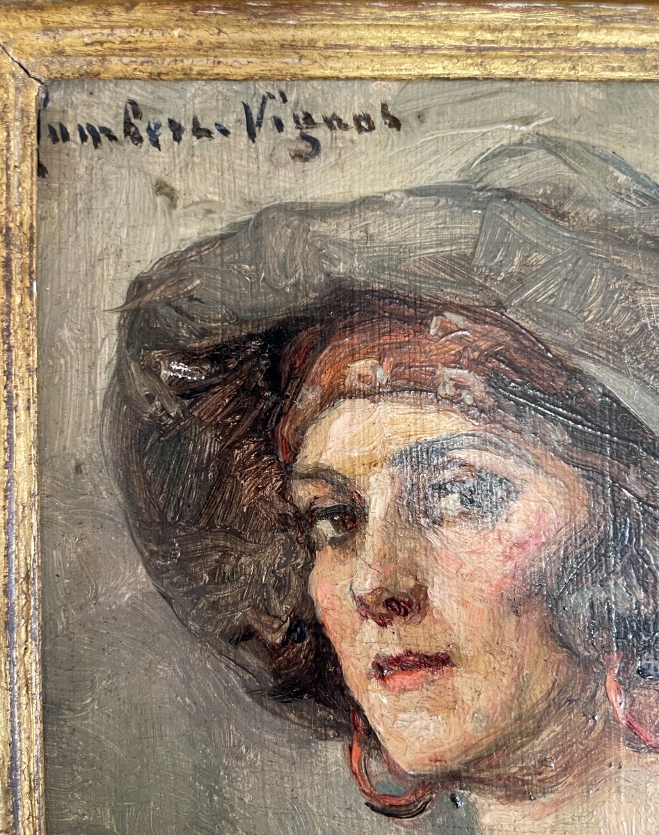 Léonie HUMBERT-VIGNOT (1878-1960) - Portrait de femme au chapeau - Huile sur panneau-photo-2