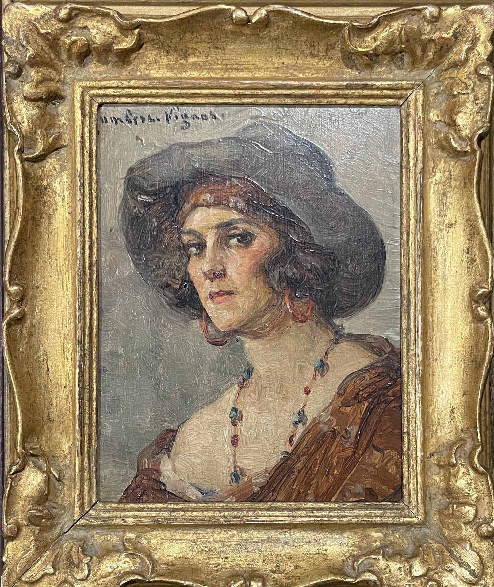 Léonie HUMBERT-VIGNOT (1878-1960) - Portrait de femme au chapeau - Huile sur panneau
