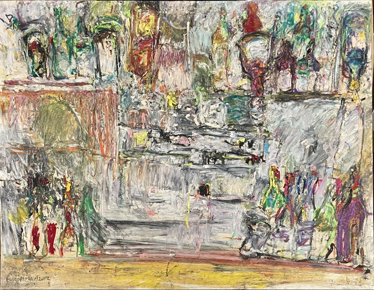 David AZUZ (1942-2014) - Composition urbaine animée - Huile sur papier