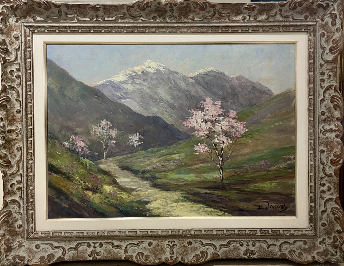 Dieudonné Jacobs (1871–1931) - Alpine Valley With Flowering Trees - Oil On Panel