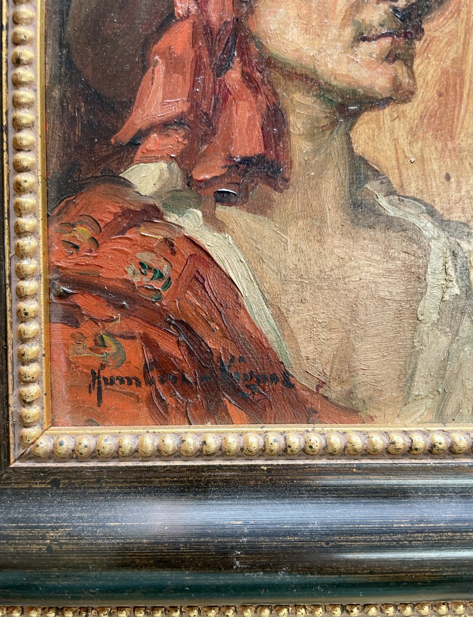 Léonie HUMBERT-VIGNOT (1878-1960) - Portrait d'homme au foulard rouge - Huile sur panneau-photo-2