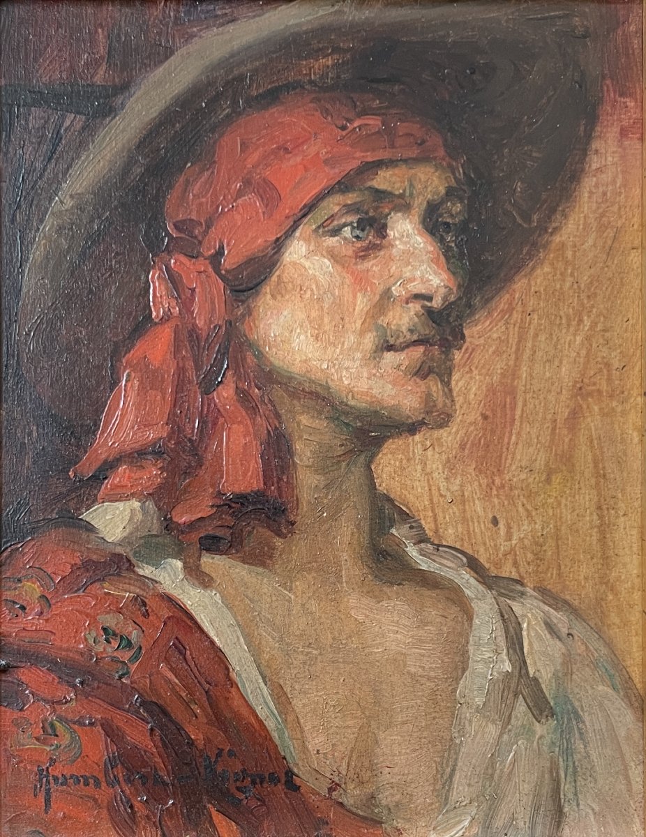 Léonie HUMBERT-VIGNOT (1878-1960) - Portrait d'homme au foulard rouge - Huile sur panneau-photo-4