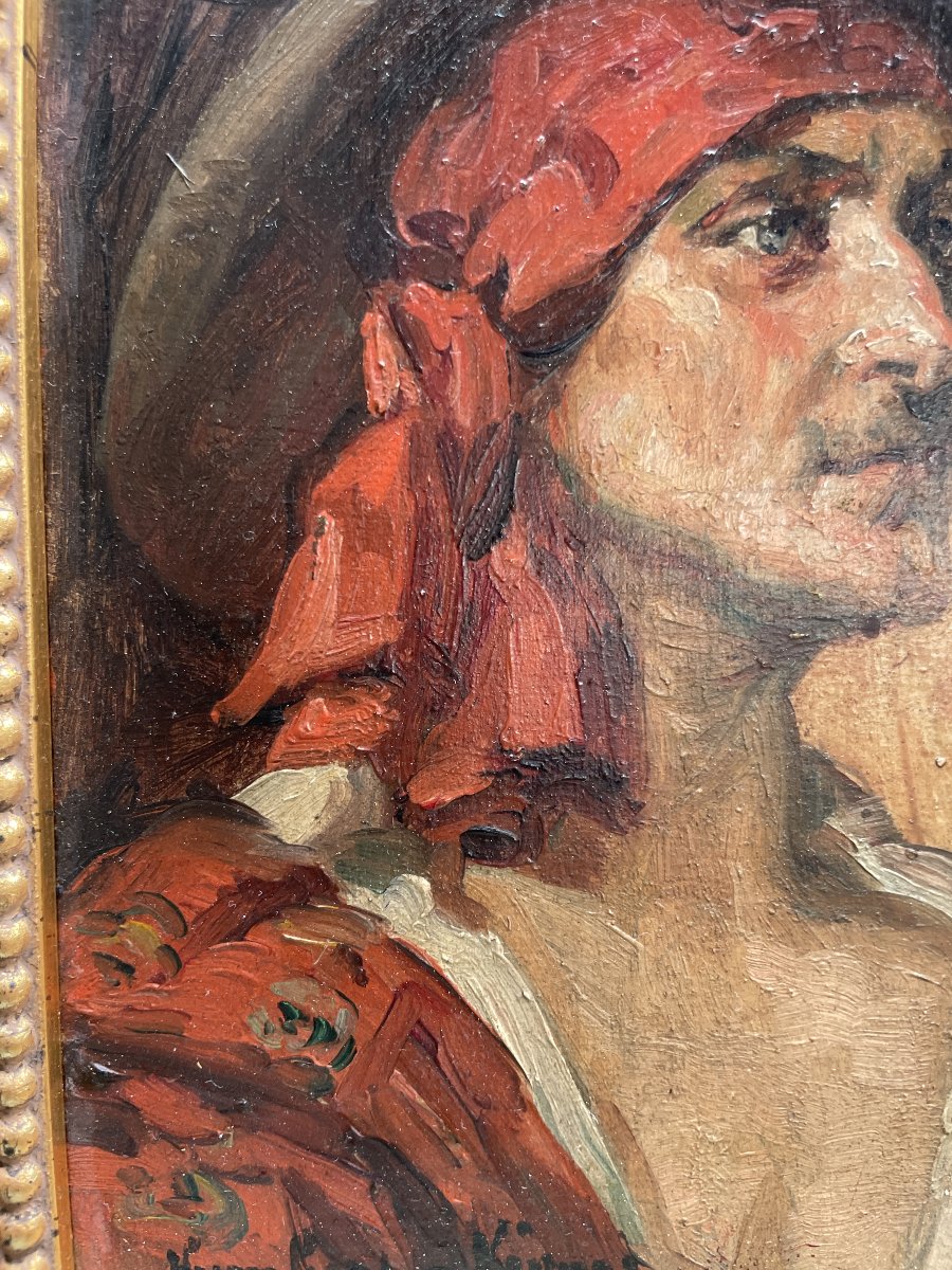 Léonie HUMBERT-VIGNOT (1878-1960) - Portrait d'homme au foulard rouge - Huile sur panneau-photo-1