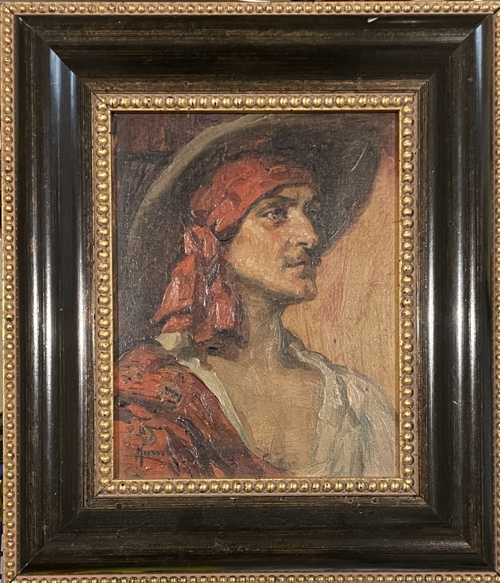 Léonie Humbert-vignot (1878–1960) — Portrait Of A Man With A Red Scarf — Oil On Panel