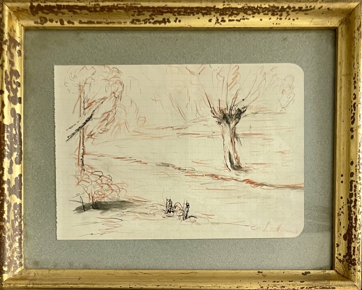 Albert Lebourg (1849–1928) - Landscape With Trees, Composition Study - Pencil And Highlights