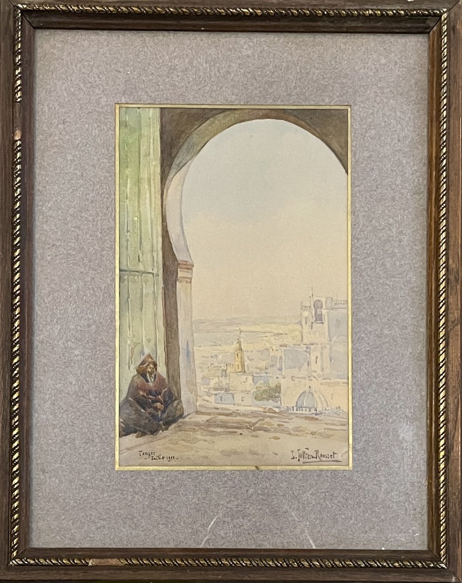 Louis JULLIEN-ROUSSET (1859-1921) - Vue de Tanger depuis une arcade - Aquarelle