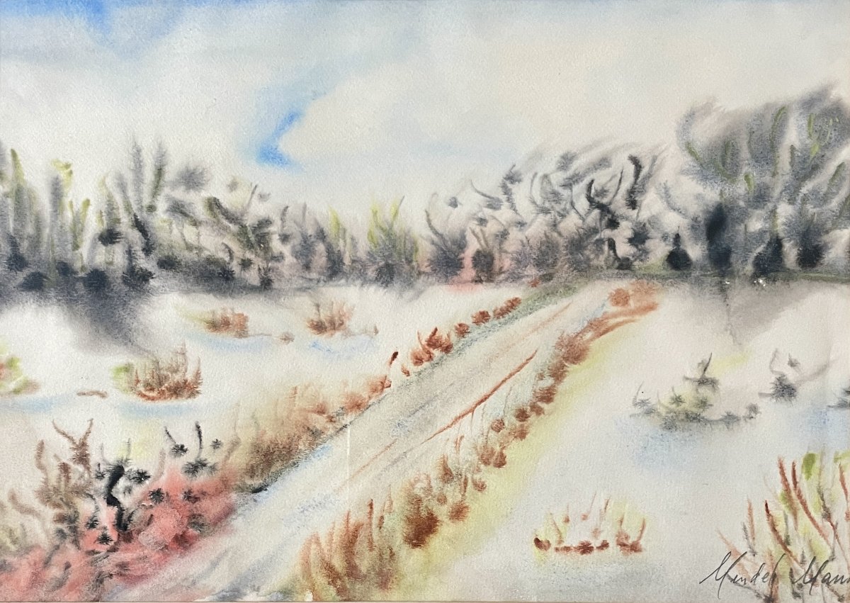 Mendel Mann (1916–1975) - Winter Landscape, Tree-lined Country Road - Watercolor-photo-2