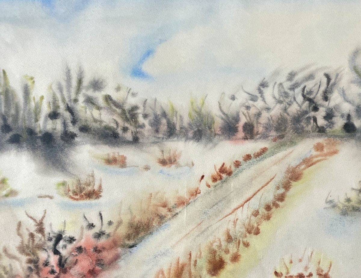 Mendel Mann (1916–1975) - Winter Landscape, Tree-lined Country Road - Watercolor-photo-4