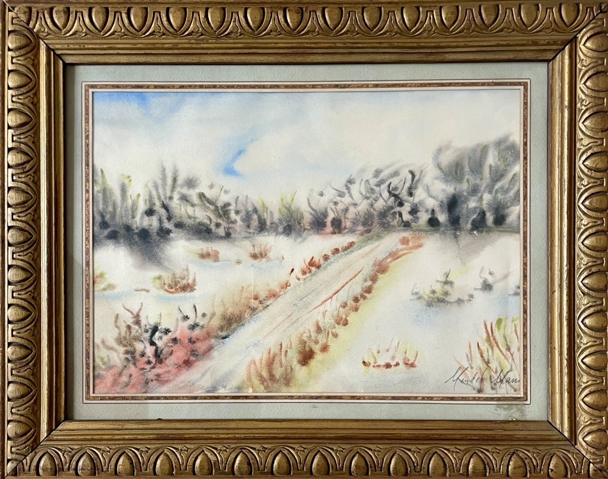 Mendel Mann (1916–1975) - Winter Landscape, Tree-lined Country Road - Watercolor