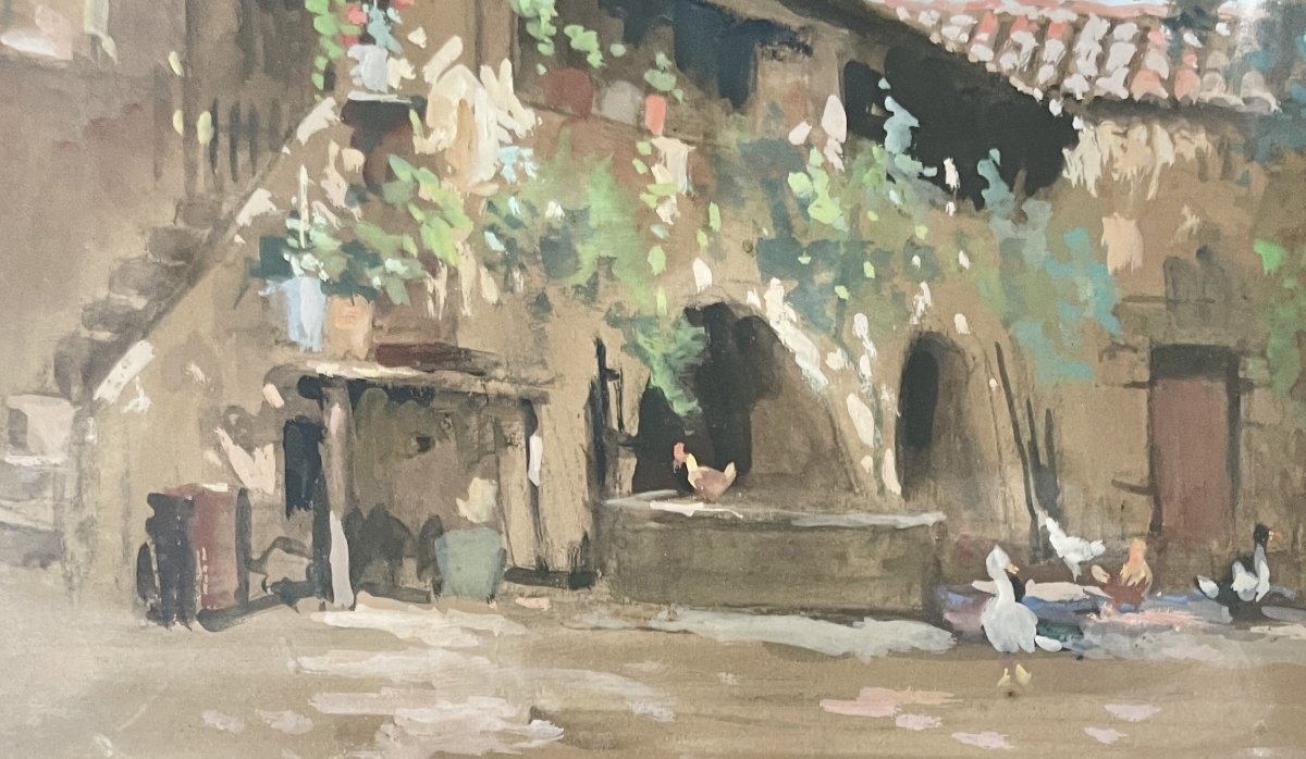 Émile WEGELIN (1875-1962) - Cour de ferme animée - Gouache-photo-2