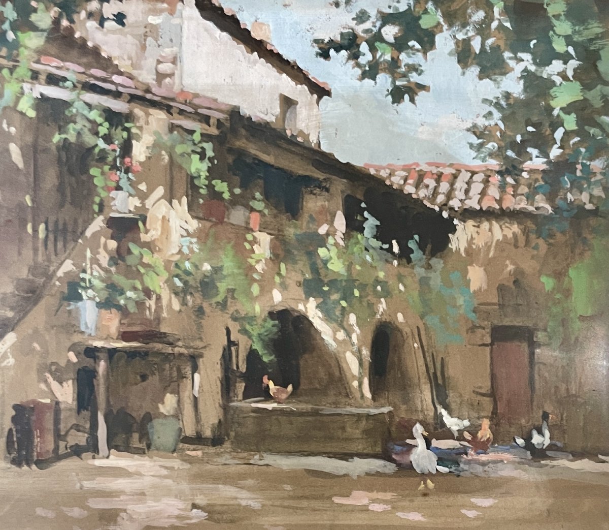 Émile WEGELIN (1875-1962) - Cour de ferme animée - Gouache-photo-4