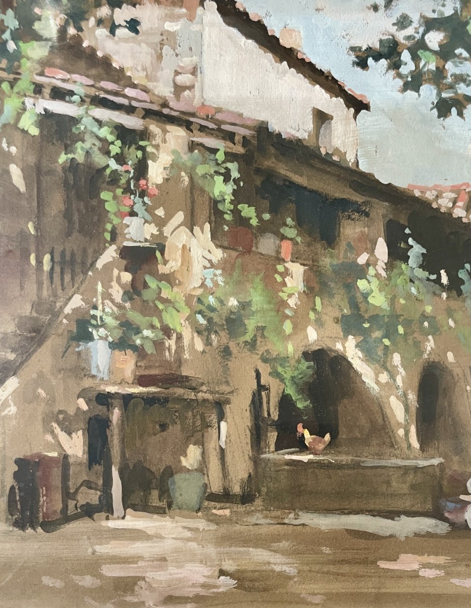Émile WEGELIN (1875-1962) - Cour de ferme animée - Gouache-photo-1