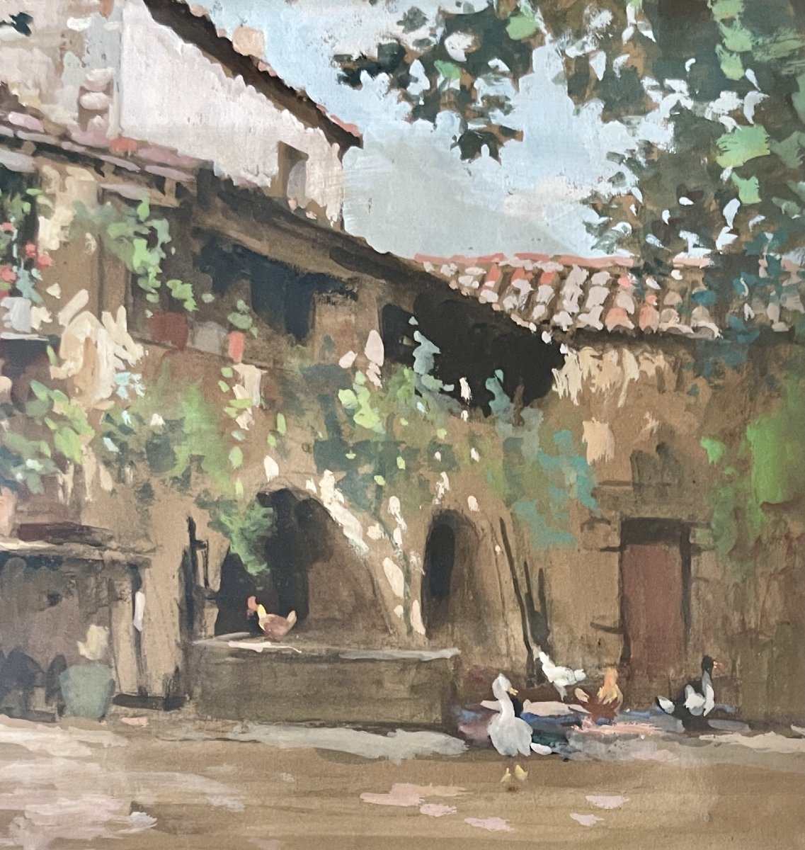 Émile WEGELIN (1875-1962) - Cour de ferme animée - Gouache-photo-2