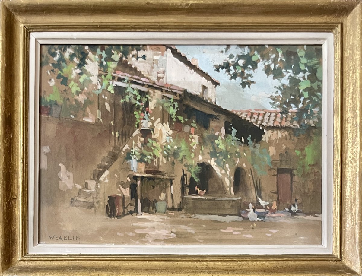 Émile WEGELIN (1875-1962) - Cour de ferme animée - Gouache