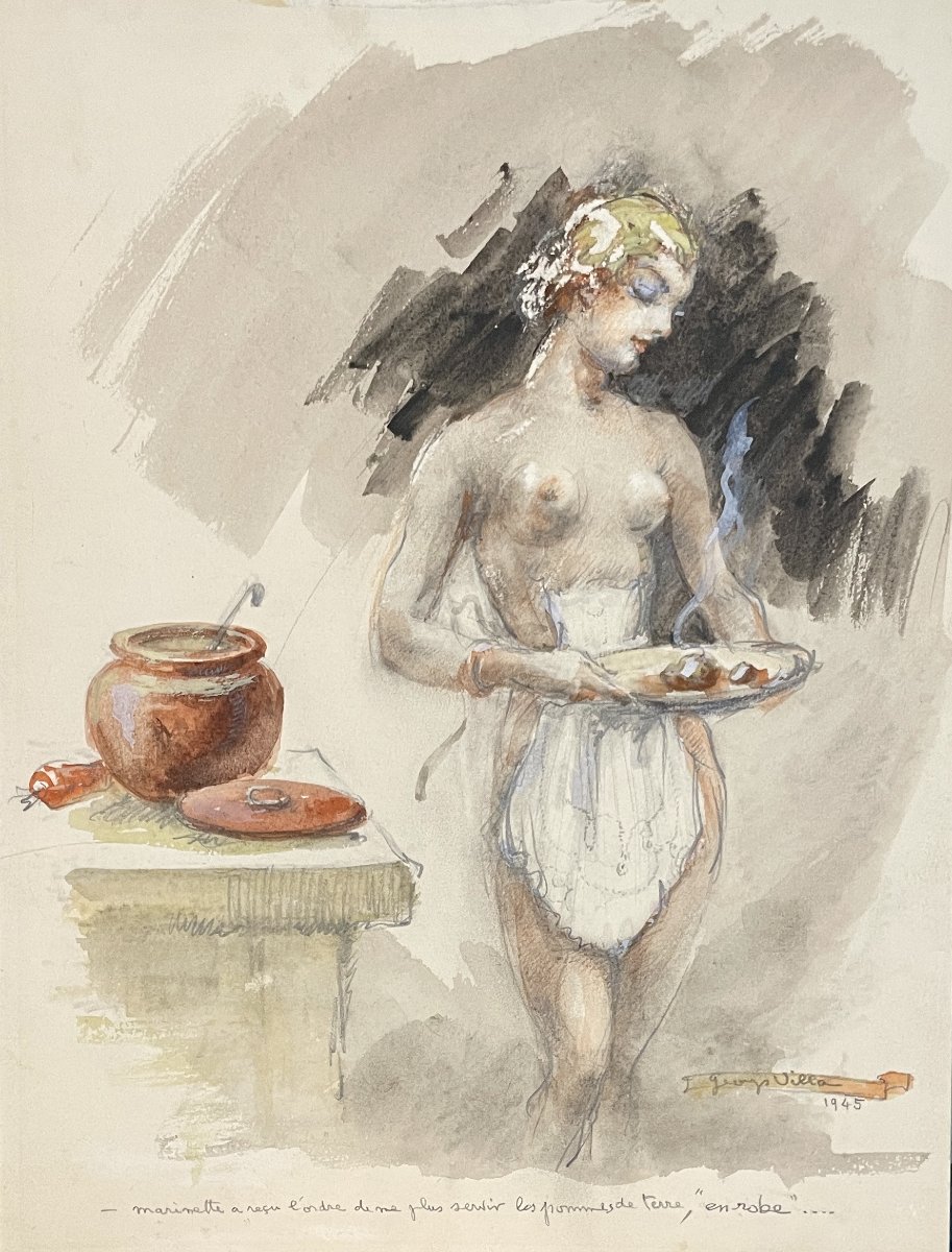 Georges Villa (1883–1965) - Standing Female Nude - Watercolor And Gouache