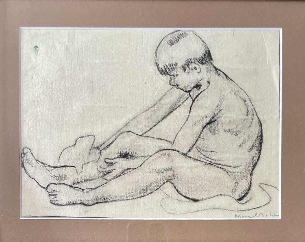 Marcel ROCHE (1890-1959) - Enfant assis - Fusain sur papier-photo-2