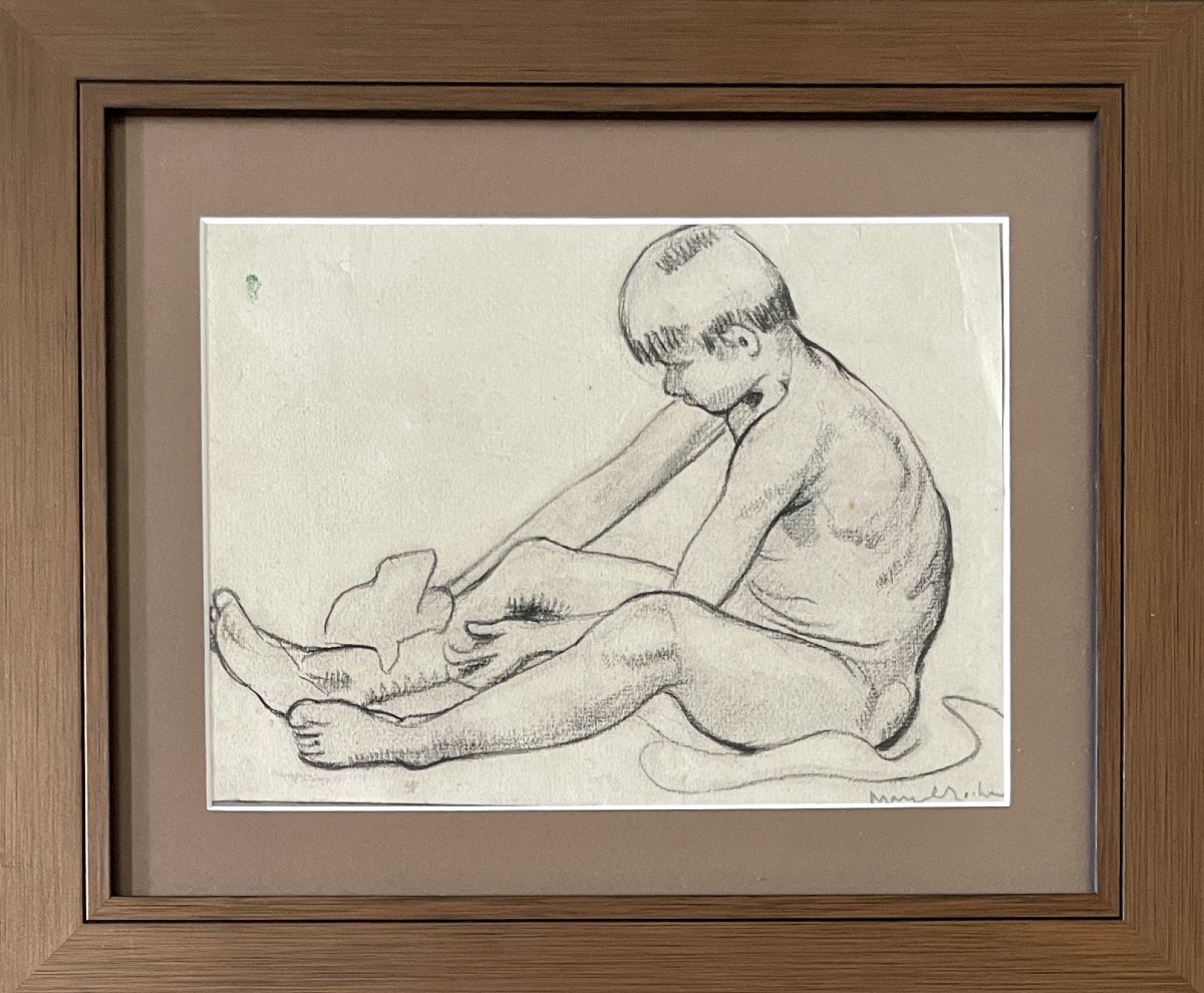 Marcel ROCHE (1890-1959) - Enfant assis - Fusain sur papier