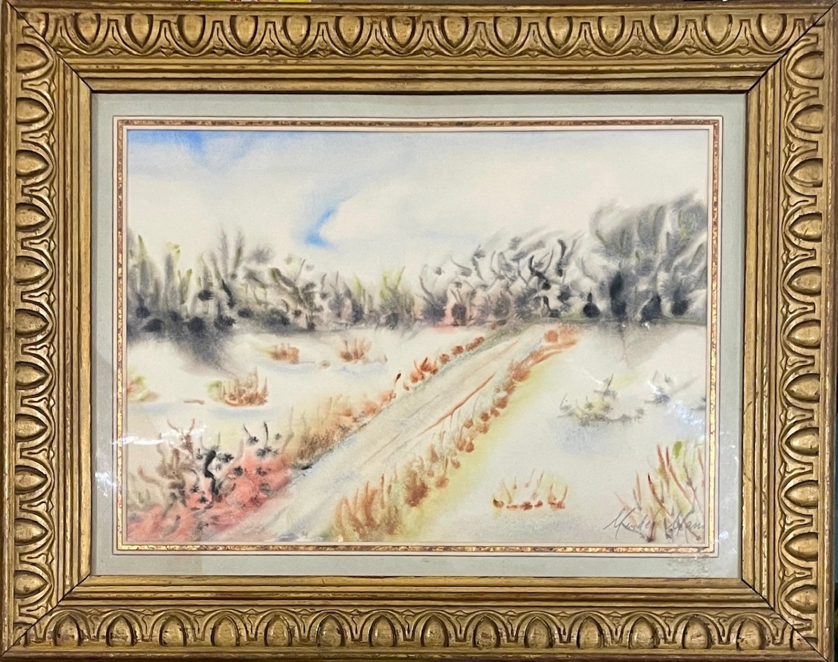 Mendel Mann (1916–1975) - Winter Landscape, Tree-lined Country Road - Watercolor