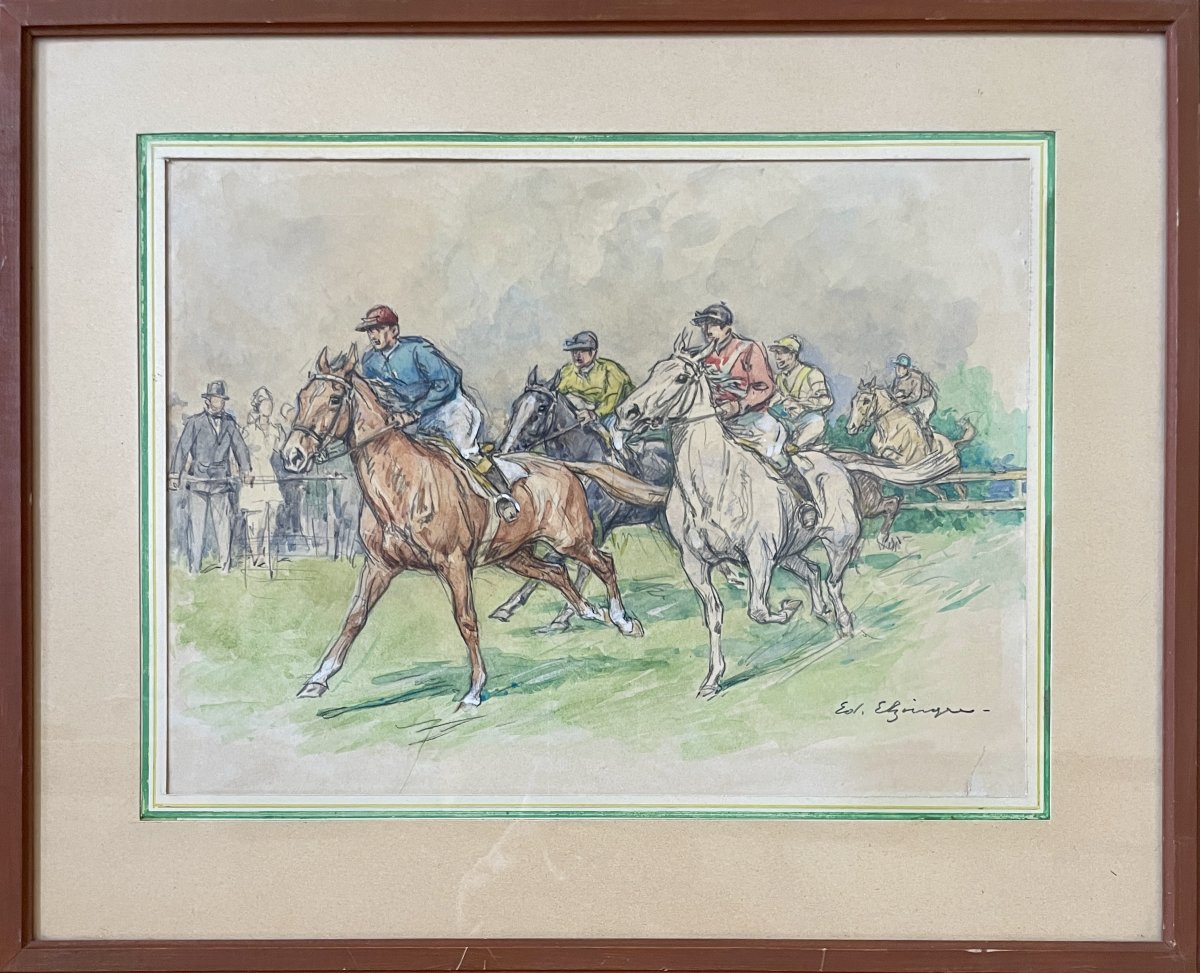 Édouard ELZINGRE (1880-1966) - La course hippique - Aquarelle et encre