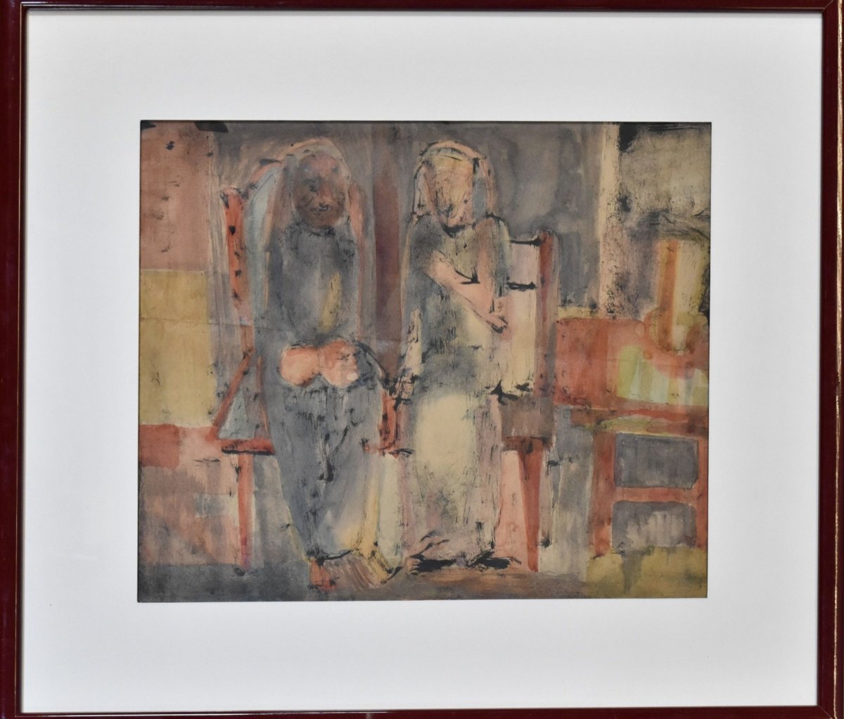 Béla Czobel (1883–1976) — Interior Scene With Two Seated Figures — Oil On Paper