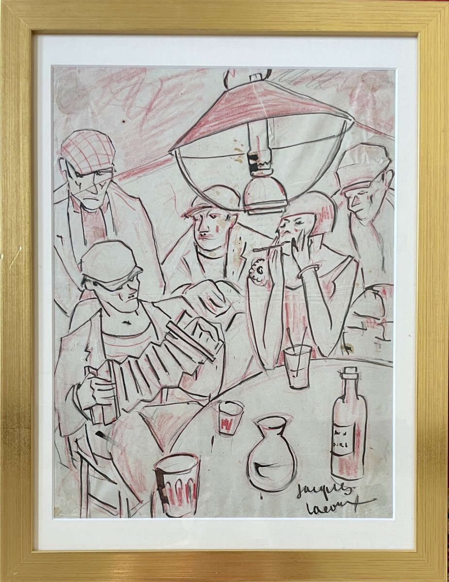 Jacques Lacoux (20th Century) - Café Scene "the Roaring Twenties" - Ink And Highlights 