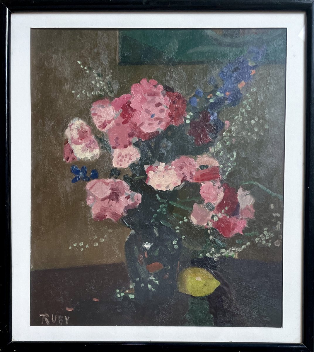 René Ruby (1908-1980)  Bouquet de fleurs au citron - Huile -photo-2