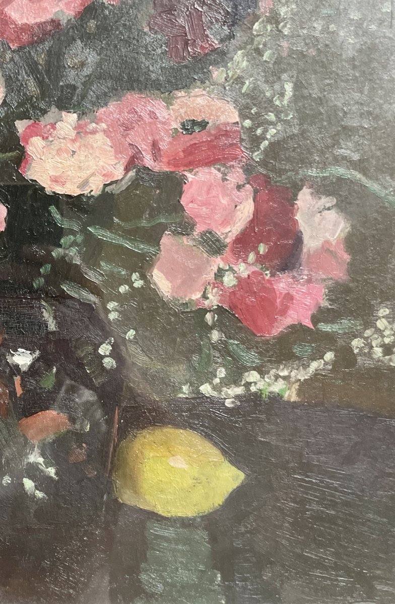 René Ruby (1908-1980)  Bouquet de fleurs au citron - Huile -photo-4