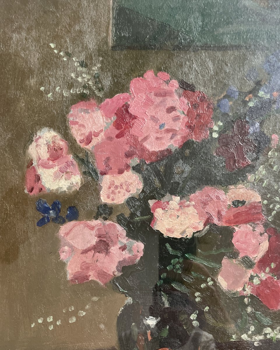 René Ruby (1908-1980)  Bouquet de fleurs au citron - Huile -photo-1