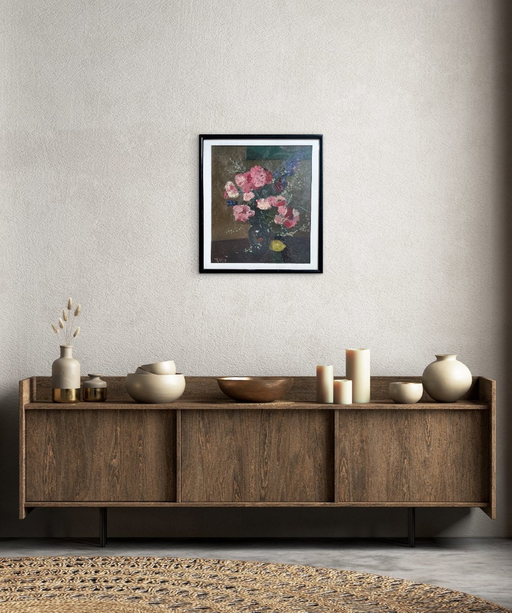 René Ruby (1908-1980)  Bouquet de fleurs au citron - Huile -photo-2