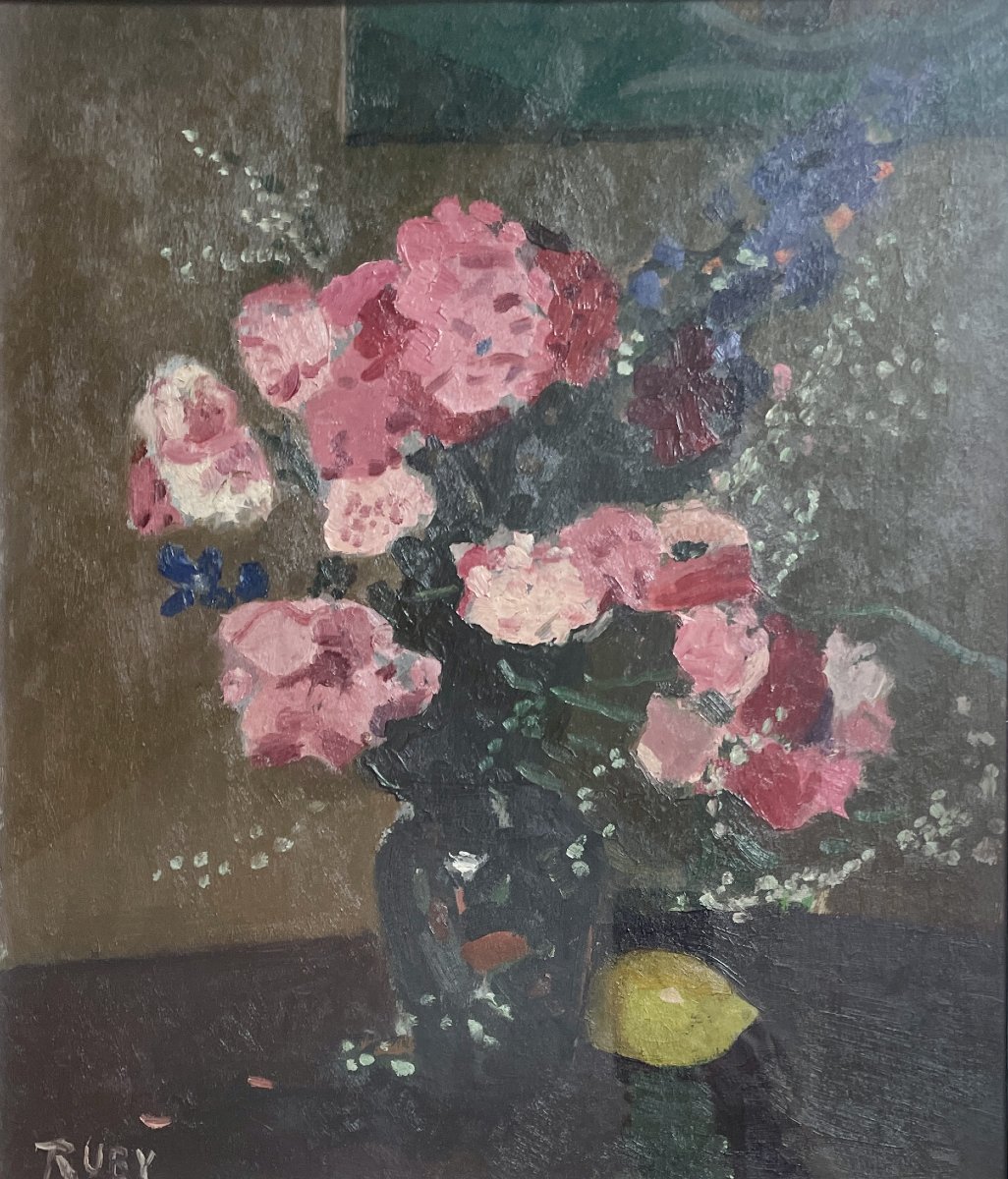 René Ruby (1908-1980)  Bouquet de fleurs au citron - Huile 