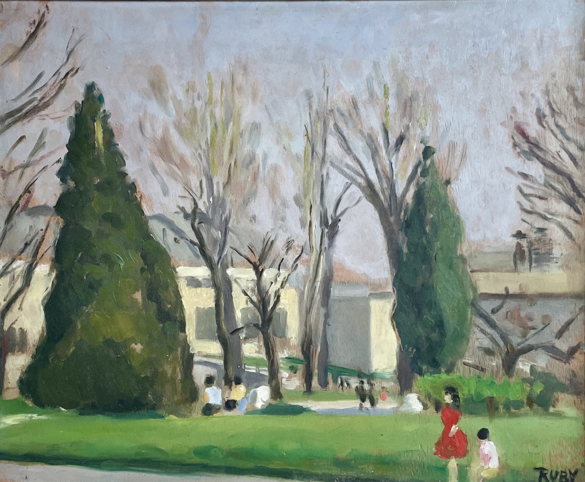 René Ruby (1908-1980)  Promeneurs dans un parc - Huile sur panneau-photo-2