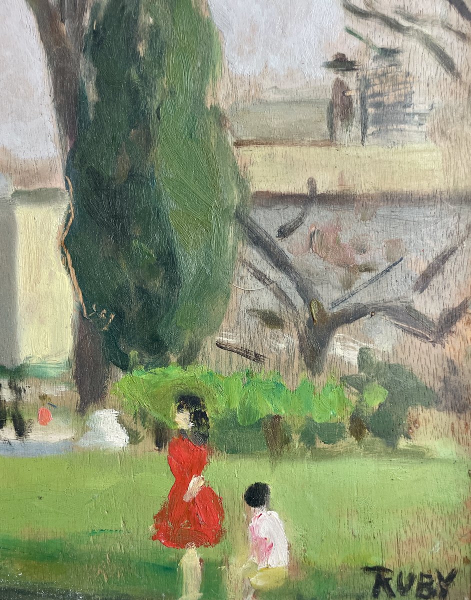René Ruby (1908-1980)  Promeneurs dans un parc - Huile sur panneau-photo-3