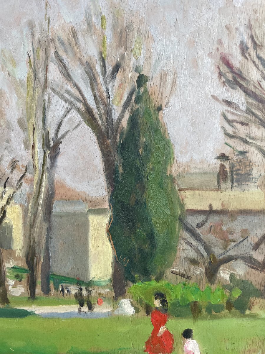 René Ruby (1908-1980)  Promeneurs dans un parc - Huile sur panneau-photo-1