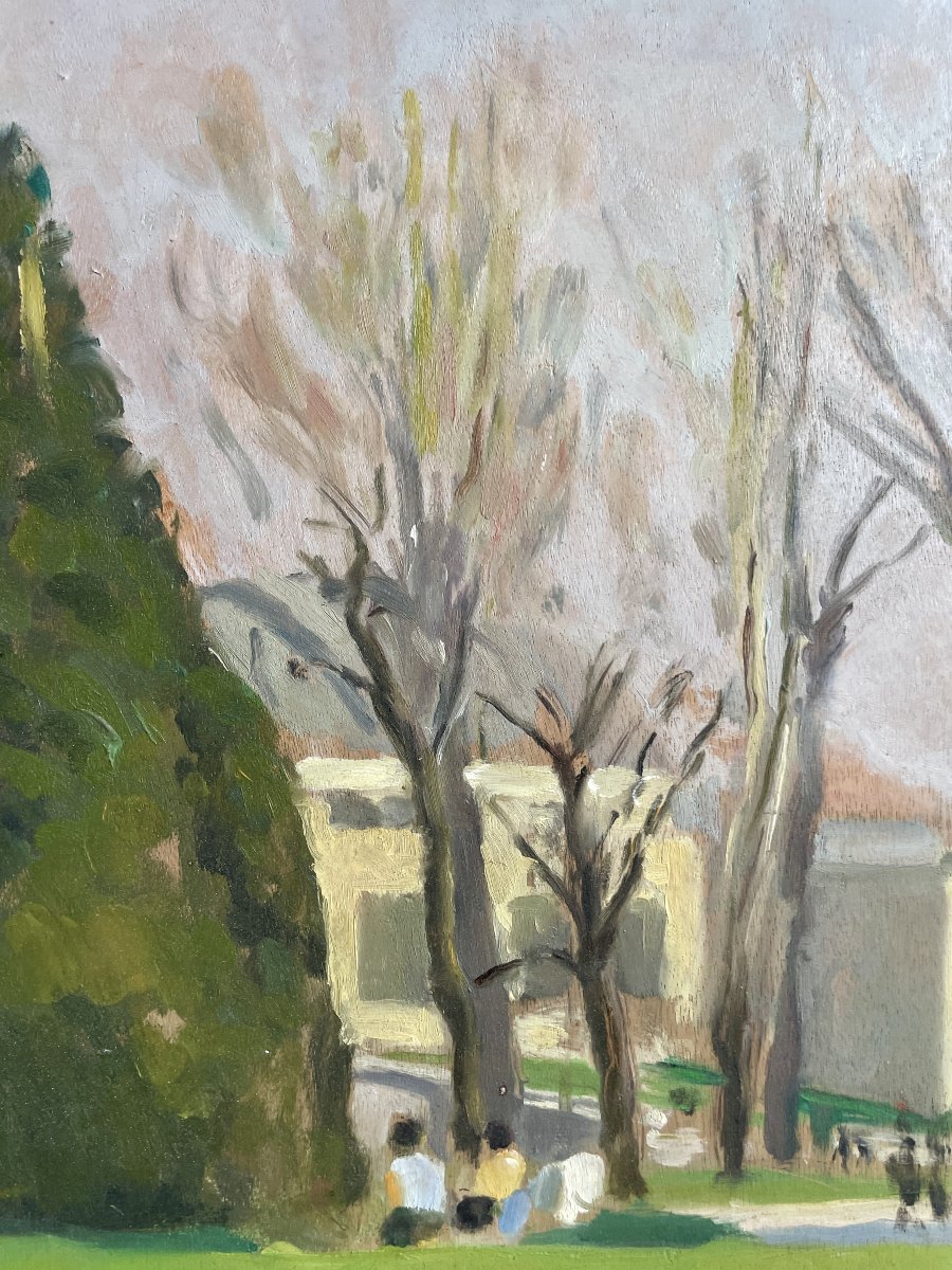 René Ruby (1908-1980)  Promeneurs dans un parc - Huile sur panneau-photo-2