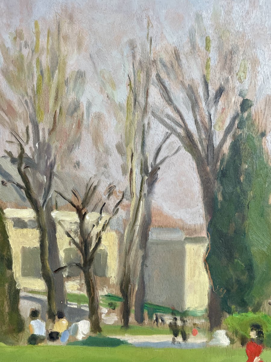 René Ruby (1908-1980)  Promeneurs dans un parc - Huile sur panneau-photo-3