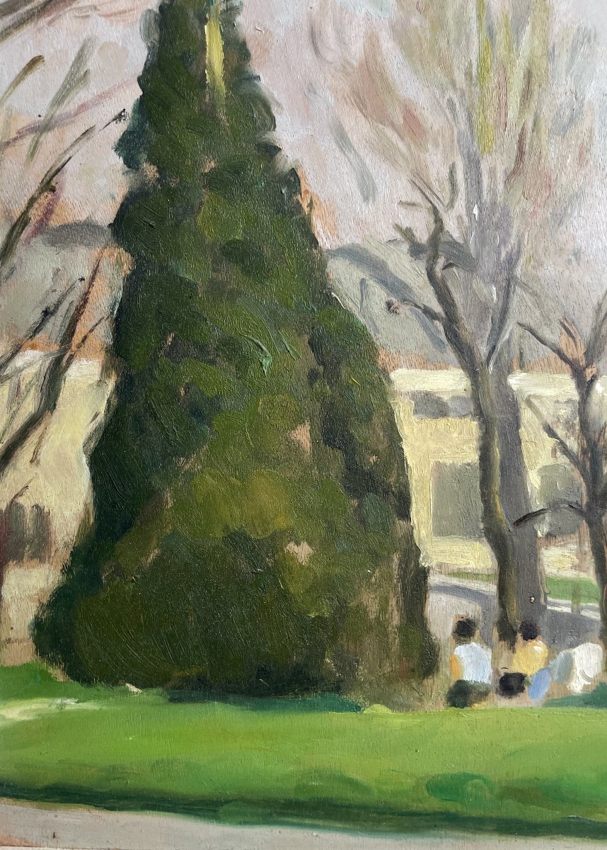 René Ruby (1908-1980)  Promeneurs dans un parc - Huile sur panneau-photo-4