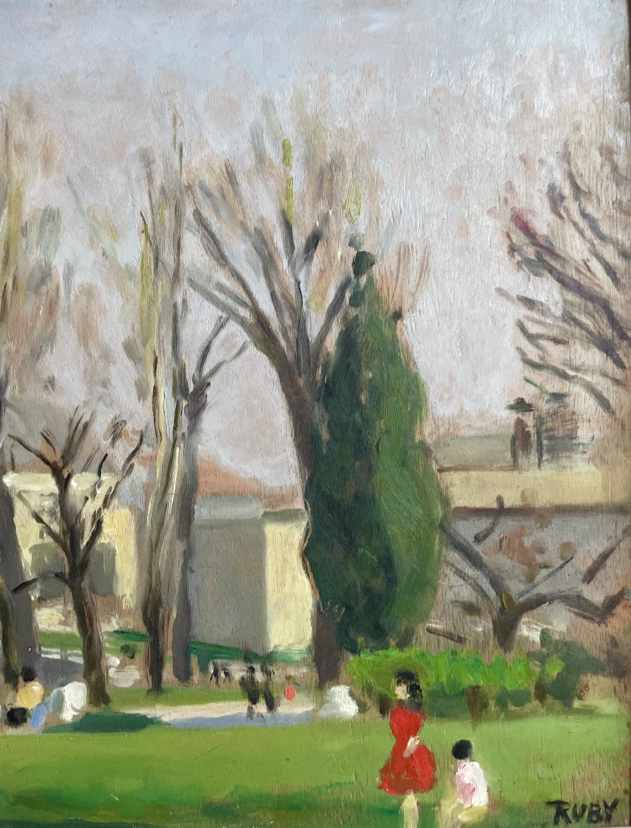 René Ruby (1908-1980)  Promeneurs dans un parc - Huile sur panneau-photo-7