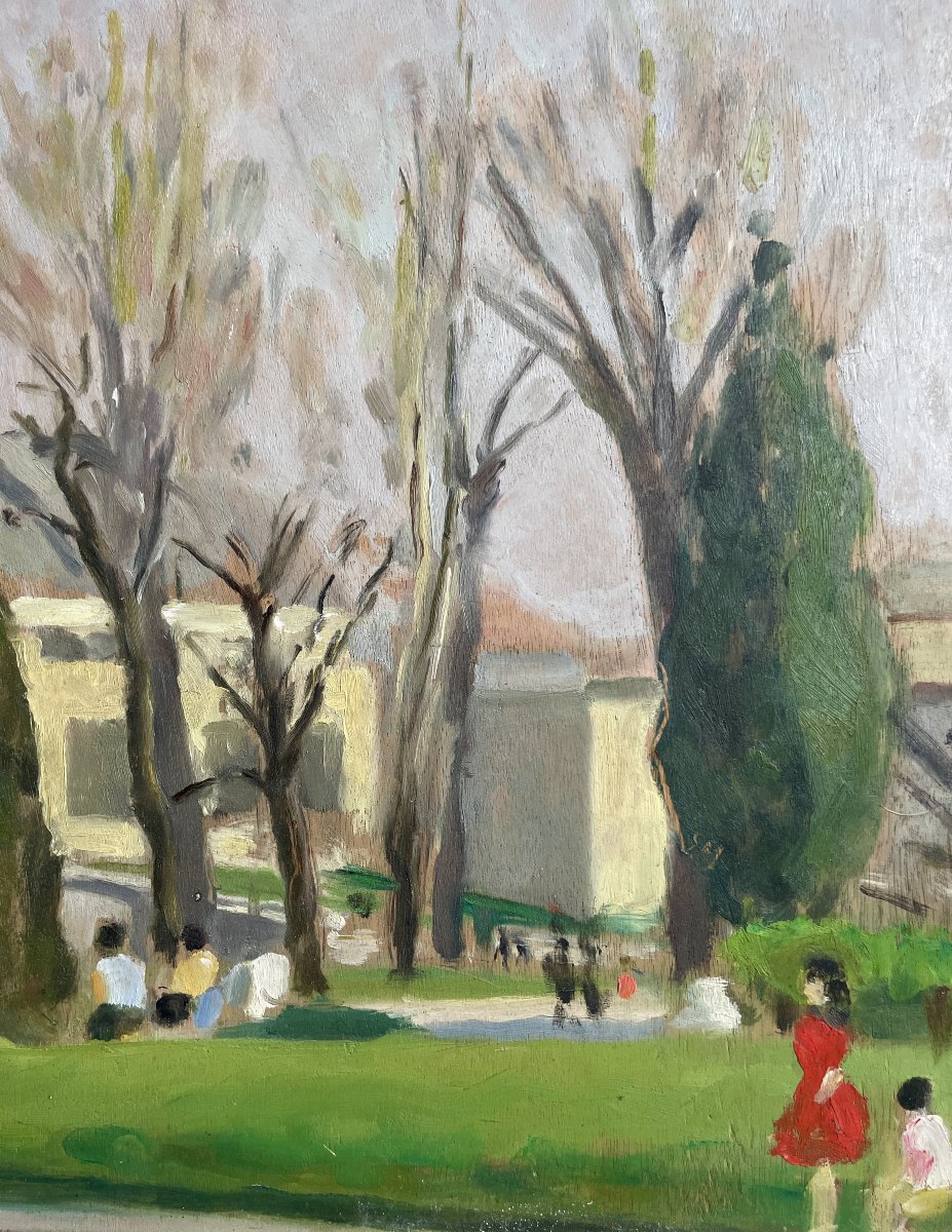 René Ruby (1908-1980)  Promeneurs dans un parc - Huile sur panneau-photo-8