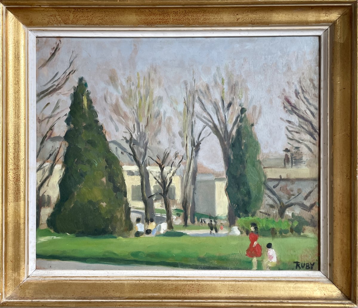 René Ruby (1908-1980)  Promeneurs dans un parc - Huile sur panneau