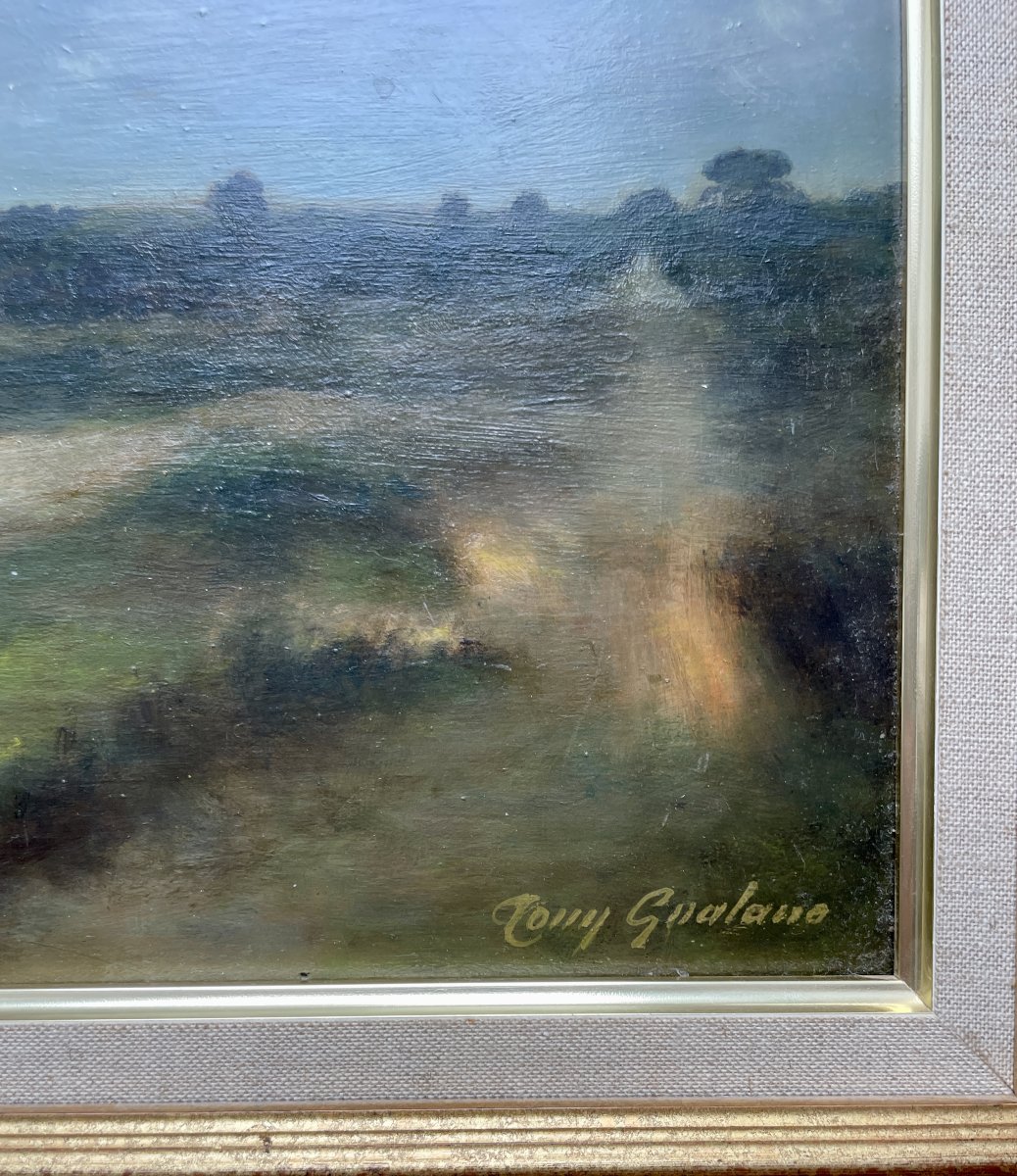 Tony GUALANO (XXe siècle) – Paysage à l'étang - Huile sur panneau-photo-2